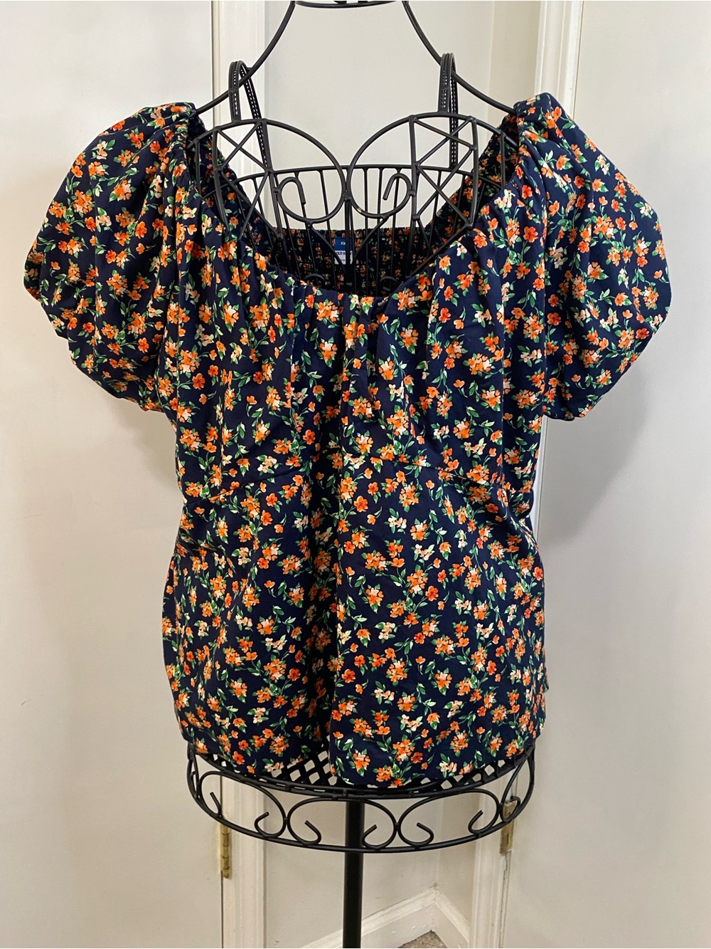 Old Navy Women’s XXL Floral Puff Sleeve Blouse Smocked Back Scoop Neck Boho